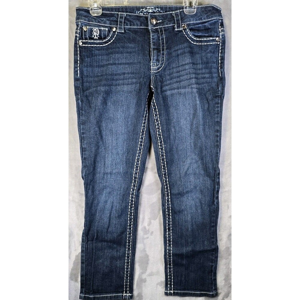 Paisley Sky Jeans Womens 8 Blue Straight Leg Double Stitch Rhinestones Stretch